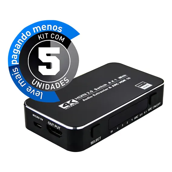 Switch Hdmi 2.0, 4k, 4 Portas Com Controle - Kit Com 5 Foto 1