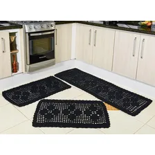 Tapete Croche Jogo Cozinha Tipo Passadeira 3pç - Preto Foto mini 2