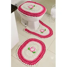 Tapete De Croche Jogo Banheiro 3pç Bordado Coruja Artesanal Cor Rosa Foto  mini 1