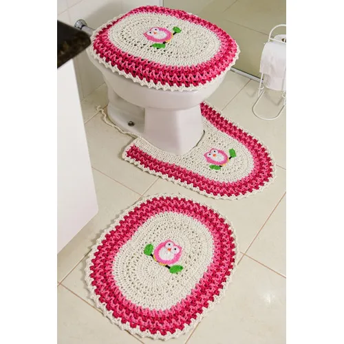 Tapete De Croche Jogo Banheiro 3pç Bordado Coruja Artesanal Cor Rosa Foto 1