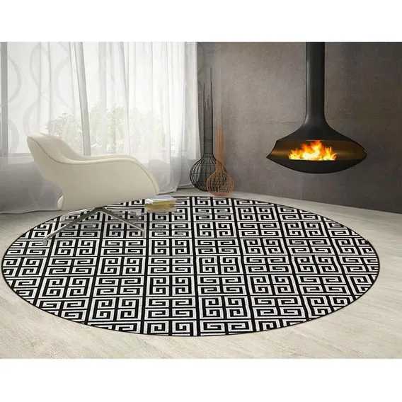 Tapete Para Sala Redondo 200 Cm Grego Preto Prata Geometrico Foto 1