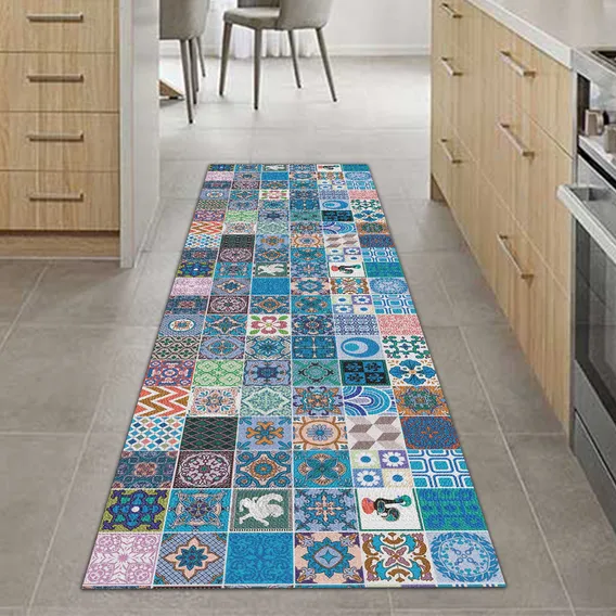 Tapete Passadeira De Cozinha Mosaique 180x50 Antiderrapante Cor Azul Foto 1