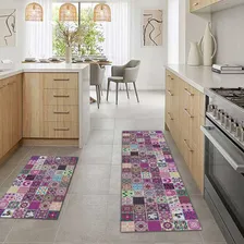 Tapete Passadeira De Cozinha Mosaique 200x60 + Capacho 50x80 Cor Fúcsia Foto  mini 1