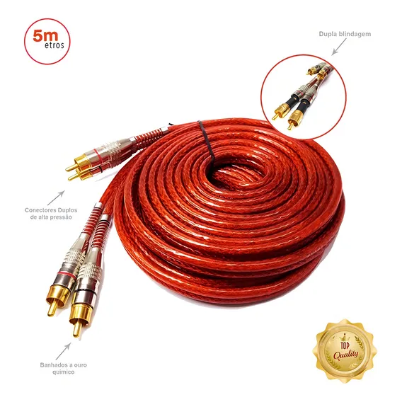 Tech One Svart Cabo Rca Prime Dupla Blindagem Cobre 5 Metros 5mm Vermelho Foto 1