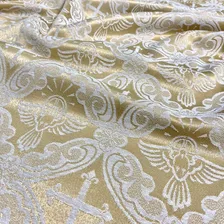 Tecido Jacquard Litúrgico Para Igreja Altar Cruz 4 Metros Desenho Do Tecido Pombo Dourado E Off Foto mini 2
