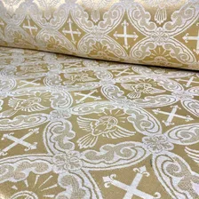 Tecido Jacquard Litúrgico Para Igreja Altar Cruz 4 Metros Desenho Do Tecido Pombo Dourado E Off Foto mini 1
