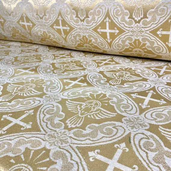 Tecido Jacquard Litúrgico Para Igreja Altar Cruz 4 Metros Desenho Do Tecido Pombo Dourado E Off Foto 1