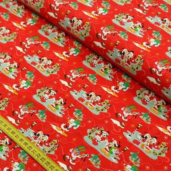 Tecido Tricoline - Natal: Mickey E Minnie Vermelho 0,50x1,4 Foto 1