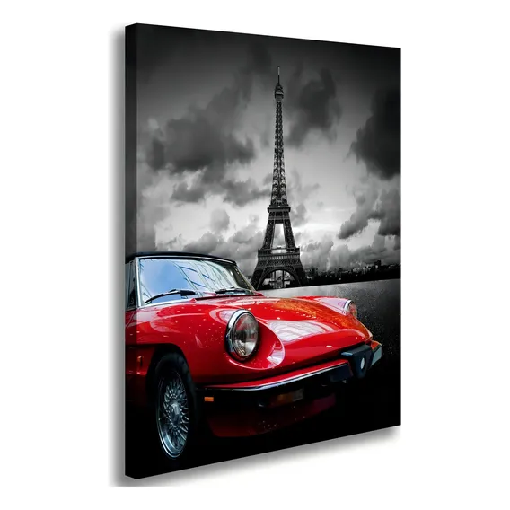 Tela Quadro Torre Eiffel Carro Vermelho Decoração Para Sala Foto 1