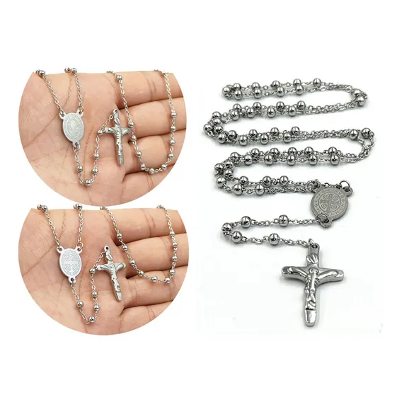 Terço Rosario Oracao Masculino Feminino Aço Inox 70 Cm 4mm Cor Prateado Foto 1