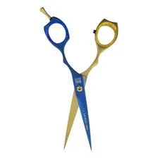 Tesoura Rai Fio Laser Aço 7.0 Profissional Cabelo Cor Dourada Com Azul Foto mini 3