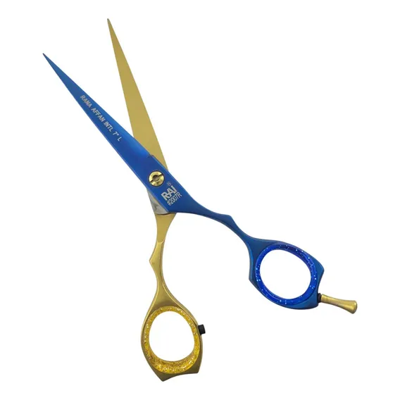 Tesoura Rai Fio Laser Aço 7.0 Profissional Cabelo Cor Dourada Com Azul Foto 1