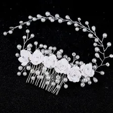 Tiara Enfeite Arranjo Cabelo Noiva Dama Perola Flor Cor Branca Foto mini  2