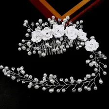 Tiara Enfeite Arranjo Cabelo Noiva Dama Perola Flor Cor Branca Foto mini  3