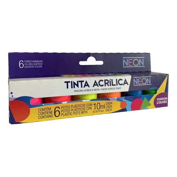 Tinta Acrilica Fluorescente Neon 6 Potes 10ml Cores Variadas Foto 1