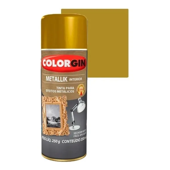 Tinta Spray Ouro Efeito Metalizado para Madeiras Metais e Plásticos Colorgin Metallik Foto 1