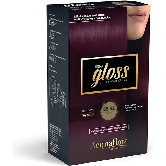 Tintura Coloração Creme Hidra Gloss Acquaflora Tom 55.62 CASTANHO CLARO VIOLINE Foto 1