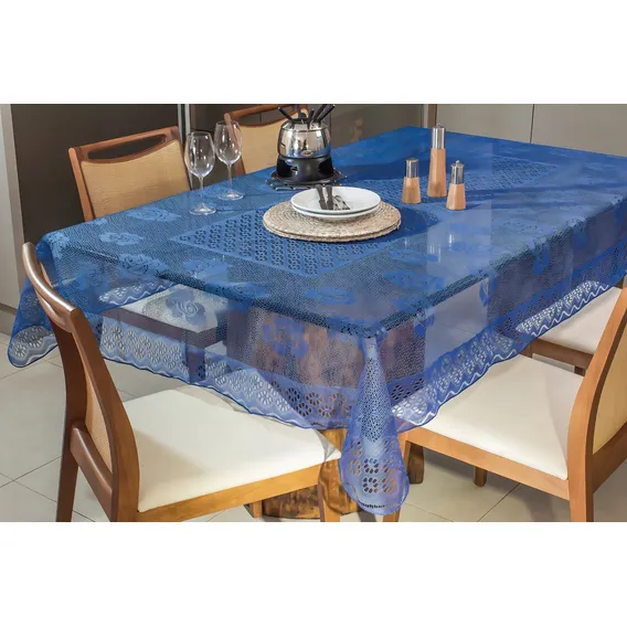 Toalha De Mesa - Retangular 6 Lugares -160x220 - Renda Rosas Cor Azul-royal Foto 1
