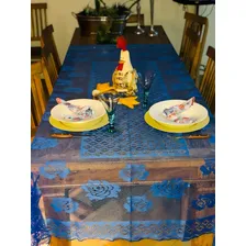 Toalha De Mesa - Retangular 6 Lugares -160x220 - Renda Rosas Cor Azul-royal Foto mini  3
