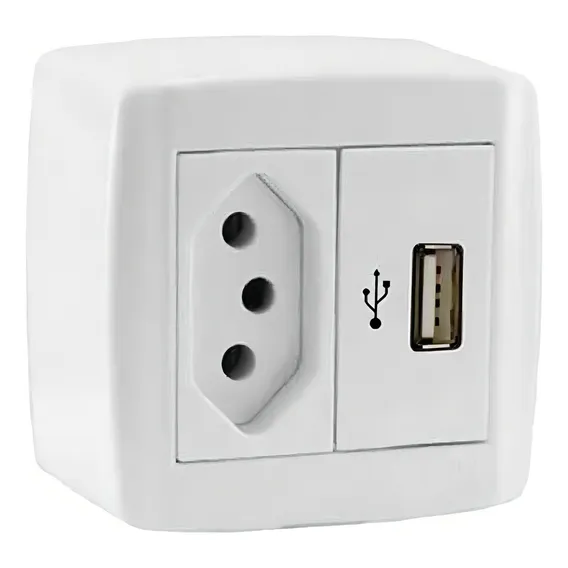 Tomada 10a + Usb 2a Linha Box Slim Ilumi Sobrepor Externa Cor Branco Foto 1