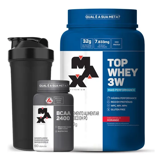 Top Whey 3w 900g + Bcaa 2400 - Max Titanium Sabor Morango Foto 1