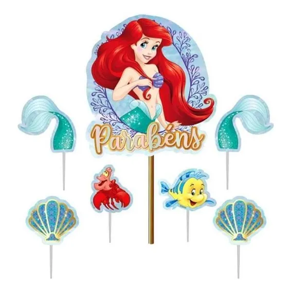 Topo Bolo Sereia Ariel 7 Toppers Eva Com Palito Aniversário Foto 1