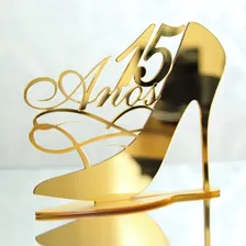 Topo De Bolo Sapato 15 Anos Acrilico Dourado Aniversário Foto mini  2