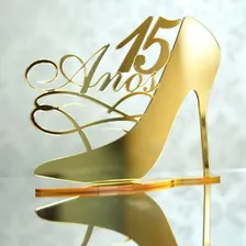 Topo De Bolo Sapato 15 Anos Acrilico Dourado Aniversário Foto mini  3
