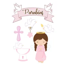 Topper Bolo Enfeite Topo De Bolo Batizado Menina Parabéns Cor Rosa-claro Foto mini 2