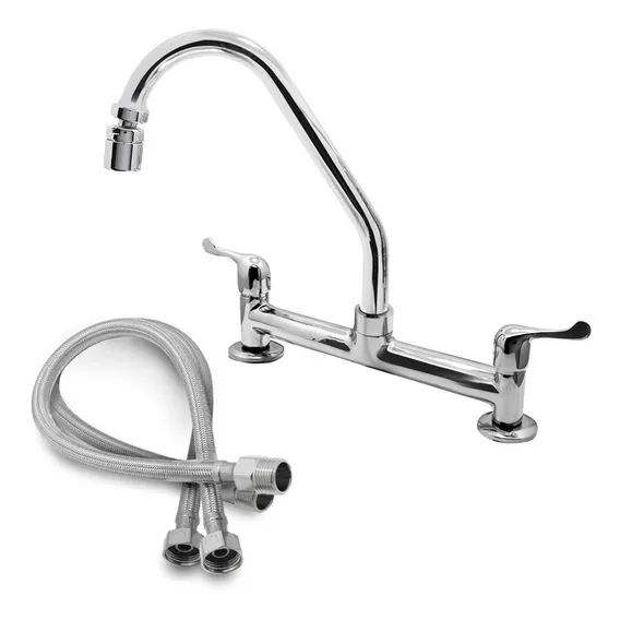 Torneira Misturador Cozinha Metal Bancada Mesa + 2 Flexíveis Cor Prateado Foto 1