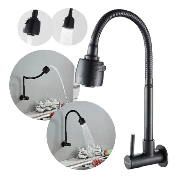 Torneira Parede Gourmet Flexivel Chuveirinho Cozinha Metal Cor Preto Foto 1
