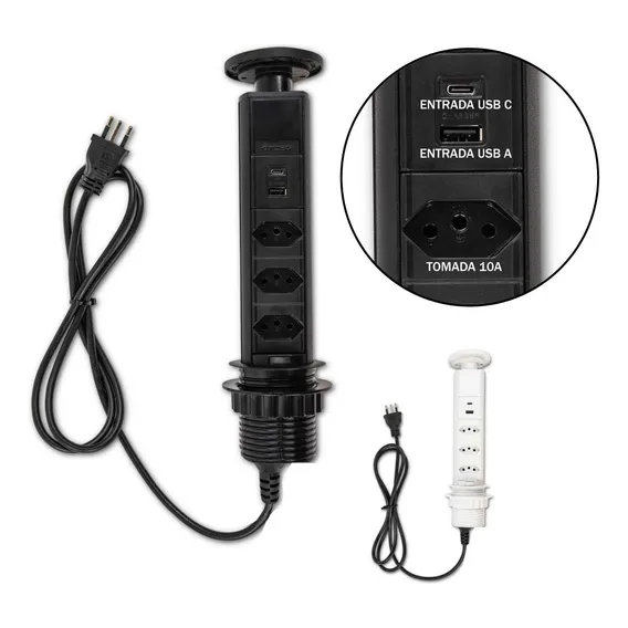 Torre De Tomada Retrátil Multiplug Usb A Usb C 3 Tomadas 10a Foto 1