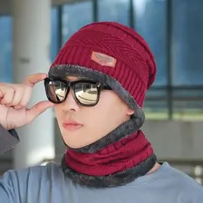 Touca Gorro Cachecol Forrada Lã Frio Echarpe Inverno Unissex Cor Vermelho Desenho Do Tecido Liso Tamanho Único Foto mini  2