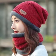 Touca Gorro Cachecol Forrada Lã Frio Echarpe Inverno Unissex Cor Vermelho Desenho Do Tecido Liso Tamanho Único Foto mini  3