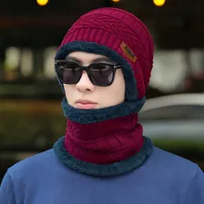 Touca Gorro Cachecol Forrada Lã Frio Echarpe Inverno Unissex Cor Vermelho Desenho Do Tecido Liso Tamanho Único Foto mini 4