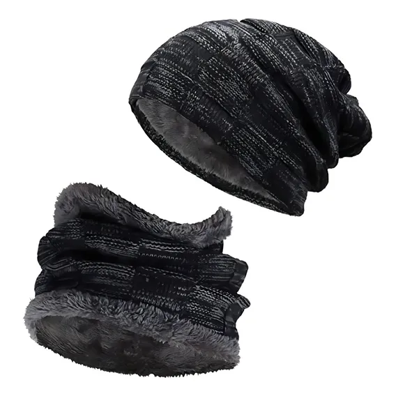 Touca Masculina Gorro E Cachecol De Lã Acrílica Para Frio Cor Preto Foto 1