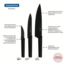Tramontina Nygma Aço Inox jogo com 3 facas com lâminas em aço inox Preto Foto mini 4