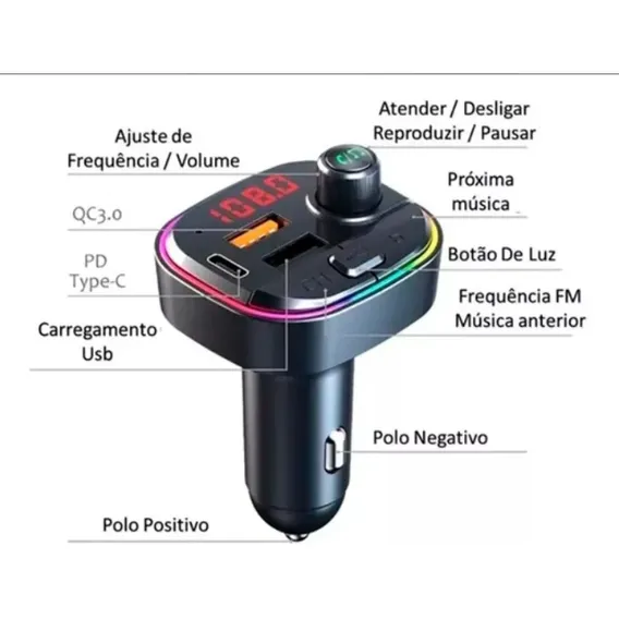 Transmissor Carregador Carro Bluetooth Veicular Fm Mp3 Rádio Foto 1