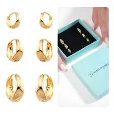 Trio Brincos Argola Lisa HipoalergĂȘnica Banho Ouro 18k Luxo Foto mini 1