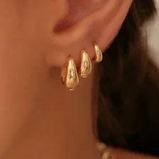 Trio Brincos Argola Lisa HipoalergĂȘnica Banho Ouro 18k Luxo Foto mini 4