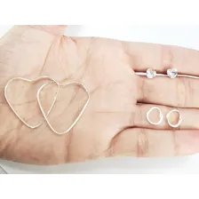 Trio Conjunto Brinco Argola Coração Pedra Zirconia Prata 925 Cor Prateado Foto mini  2
