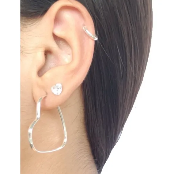 Trio Conjunto Brinco Argola Coração Pedra Zirconia Prata 925 Cor Prateado Foto 1