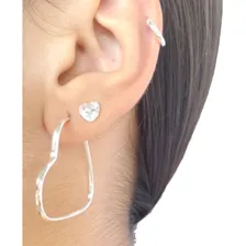 Trio Conjunto Brinco Argola Coração Pedra Zirconia Prata 925 Cor Prateado Foto mini  3