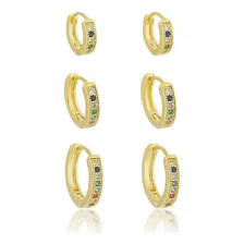 Trio De Brincos Argolas Cravejadas Coloridas Banho Ouro 18k Foto  mini 1