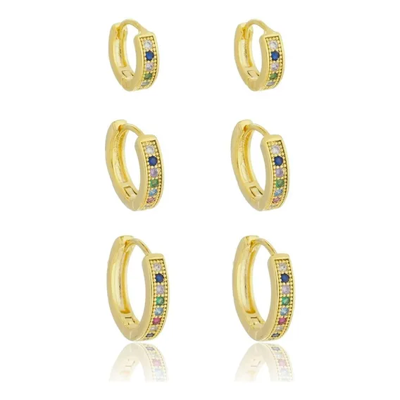 Trio De Brincos Argolas Cravejadas Coloridas Banho Ouro 18k Foto 1