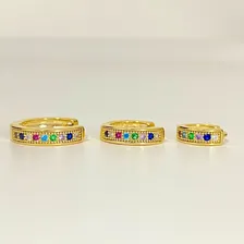 Trio De Brincos Argolas Cravejadas Coloridas Banho Ouro 18k Foto mini  3