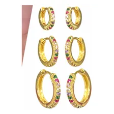 Trio De Brincos Argolas Delicadas Coloridas Banho Ouro 18k Foto  mini 1