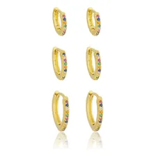 Trio De Brincos Argolas Delicadas Coloridas Banho Ouro 18k Foto mini  2