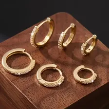 Trio De Brincos Argolas Finas Cravejadas Banho Ouro 18k Foto mini 4