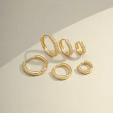Trio De Brincos Argolas Finas Cravejadas Banho Ouro 18k Foto mini  2